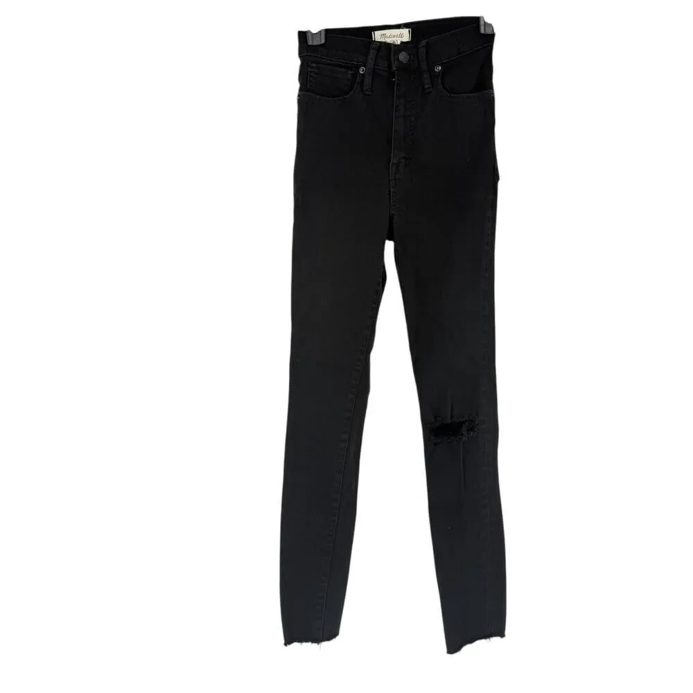 Madewell Jeans Size 24 Black Distressed Stretch 11 Inch High Rise Skinny Frayed